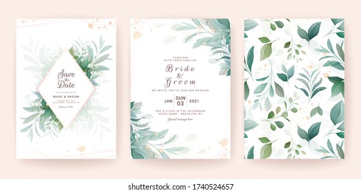 Golden greenery wedding invitation template set with leaves, glitter, frame, and pattern. Floral decoration vector for save the date, greeting, thank you, rsvp, etc