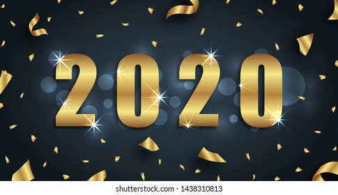 Golden Greeting Background for Happy New Year 2020 with Confetti
