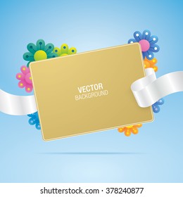 Golden greeting card with colorful flowers and white silk ribbon on a blue background. Floral background.