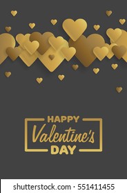 Golden Greeting Card Happy Valentine's Day. Lettering with hearts on the background. Vector illustration.