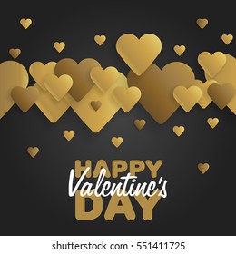 Golden Greeting Card Happy Valentine's Day. Lettering with hearts on the background. Vector illustration.
