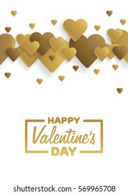 Golden Greeting Card Happy Valentine's Day. Lettering with hearts on the background. Vector illustration