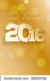 Golden greeting card with place for your text - Merry Christmas and Happy New Year 2016. Vector illustration.