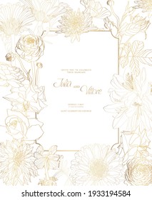 Golden greeting, invitation card template design with many lind of flowers with hand drawn doodle graphics on white background.