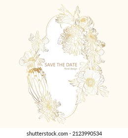 Golden greeting, invitation card template design, leaves with flowers with hand drawn doodle graphics on white background, golden tones.