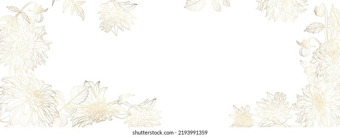 Golden greeting invitation card template design, dahlia flowers with hand drawn doodle graphics on white background.	