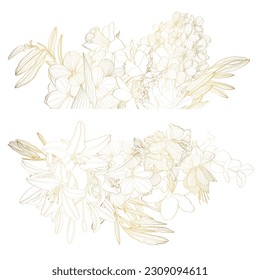 Golden greeting, invitation card template design, leaves with flowers with hand drawn doodle graphics on white background, golden tones.