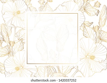 Golden greeting/invitation card template design, hibiscus leaves with flowers with hand drawn doodle graphics on white background,