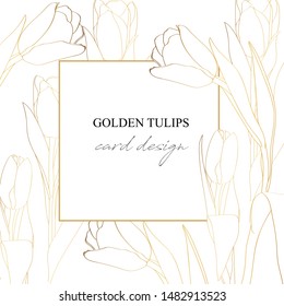 Golden greeting/invitation card template design, tulips flowers with hand drawn doodle graphics on white background,	