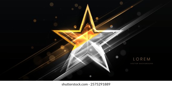 Golden and grey star on black background with lighting effect and sparkle. Luxury template celebration award design. Vector illustration