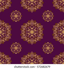 Golden grid in oriental style. Eastern gold on a purple background. Islamic card background. Vector seamless elements for design.