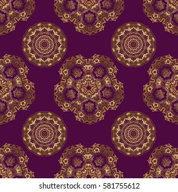 Golden grid in oriental style. Eastern gold on a purple background. Islamic card background. Vector seamless elements for design.