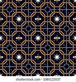 Golden Grid. Seamless pattern with stars, magic eyes, and golden lattice in esoteric style. Alchemy, space, spirituality, mysticism.