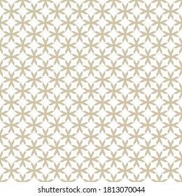 Golden grid texture. Vector geometric seamless pattern with crosses, grid, lattice, flower silhouettes. Floral geometrical ornament. Simple white and gold background. Luxury repeat design for decor