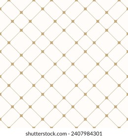 Golden grid vector seamless pattern. Abstract luxury geometric minimal texture with thin diagonal cross lines, nodes, squares, mesh, lattice, grill. Subtle simple white and gold checkered background