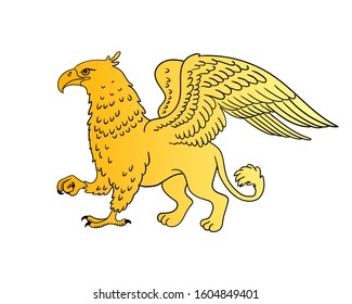 Golden griffin isolated on white background. Template. Close-up. Clip art. Vector. Label, logo, emblem