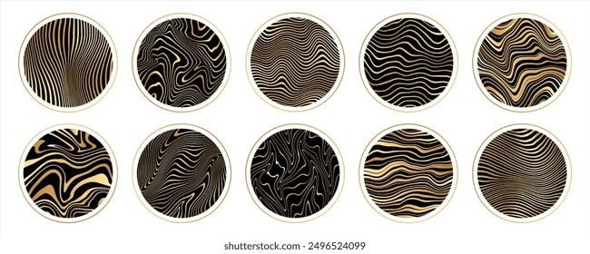 Golden groovy round backgrounds, circle shape patterns set. Gold gradient marble stains. Distorted stripes, organic fluid wavy lines, doodle waves. Luxury sticker label frame templates collection.