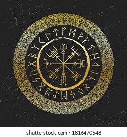 Golden grunge background with circle ancient gothic symbols. Runic signs for decoration wallpapers