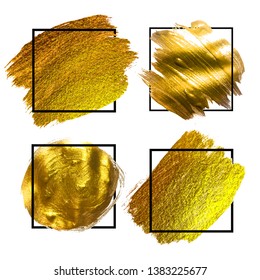 Golden Grunge Brush paint ink stroke with square frame backgrounds set. Vector Illustration EPS10