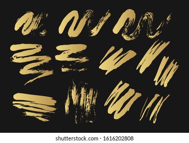 Golden grunge brush stroke banners. Paint stamp stripes. Vector isolated dirty paintbrush set. Chinese rough box shapes. Gold torn border. Distressed banner.