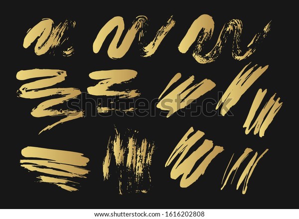 Golden grunge brush stroke banners.\
Paint stamp stripes. Vector isolated dirty paintbrush set. Chinese\
rough box shapes. Gold torn border. Distressed\
banner.
