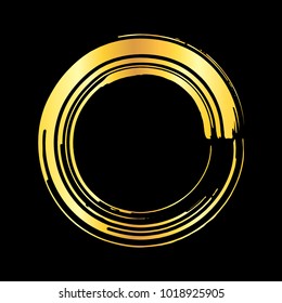 Golden grunge brush stroke round frame isolated over black background. Design element vector illustration.