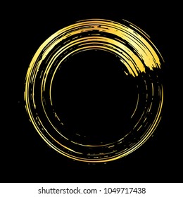 Golden grunge brush stroke round frame isolated over black background. Design element vector illustration.