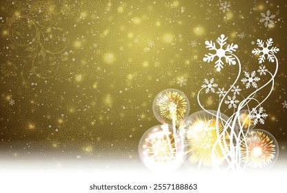 Golden grunge Christmas background, Christmas wishes background, Winter Snowfall Christmas background, Flying snow flakes and stars on winter Golden background. snowflake template. Vector illustration