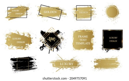 Golden grunge with frame. Texting boxes, logo and quote box speech template. Golden artistic design elements, boxes, frames for text. Template grunge patterns for text with golden frames. Vector set