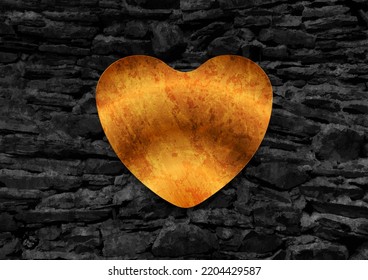 Golden grunge heart on black stone wall. Abstract Valentines Day greeting card. Vector retro background