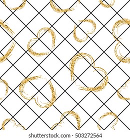 Golden grunge hearts seamless pattern. Gold glitter and black template. Abstract texture. Retro Valentine day design for card, wallpaper, wrapping, textile, fabric. Vector Illustration