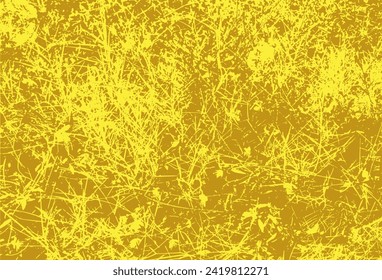 Golden grunge shabby scratched grass texture. Yellow vintage vector two-color background for overlay