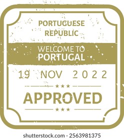 Golden grunge stamped representation of the Portuguese Republic, welcoming travelers to Portugal with a vintage design reflecting the nation s rich culture and history