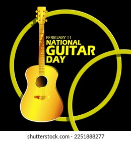 A golden guitar with bold text and circle frame isolated on black background to celebrate National Guitar Day on February 11