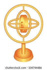 Golden gyroscope. Gyroscope stands in equilibrium on white background.