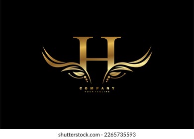 Golden H letter logo design with wing shaped feather ornament. monogram emblem, typography logo. initial letter.suitable for logos of business, boutique, company, fashion, hotel, etc