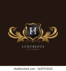 Golden H Logo Luxurious Shield, creative vector design concept for luxury business indentity.