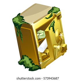 Golden hacked a safe lying on the bottom of the sea covered with sludge isolated on white background. Cartoon vector illustration close-up.