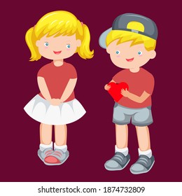 Golden Hair Boy and Girl in Love Proposing each other Valentine vector Children Illustration