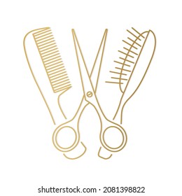 golden hair comb, brush and scissors icon - vector illustration