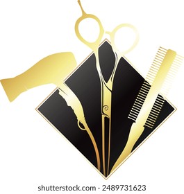 Golden hair dryer scissors comb in a rhombus, design for a beauty salon