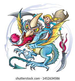 Golden hair knight on the back of a monster.Pop art funny cartoon vector on a white background