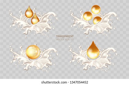 Golden hair oil ads, beautiful essential oil splashing in 3D illustration. Vector cream, yogurt lotion, cosmetic milk for face and hands. Promotion of premium product ads. Milk waves, drops and blots.