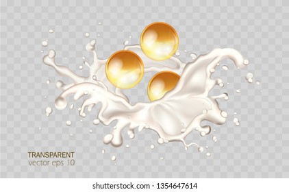 Golden hair oil ads, beautiful essential oil splashing in 3D illustration. Vector cream, yogurt lotion, cosmetic milk for face and hands. Promotion of premium product ads. Milk waves, drops and blots.