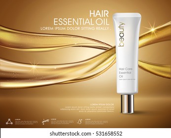 Golden Hair Oil Ads, White Tube Packaging Isolated On Flowing Oil, 3D Illustration
