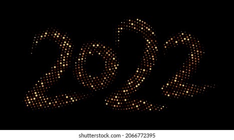 Golden halftone 2022 sign on black background. Vector holiday illustration.