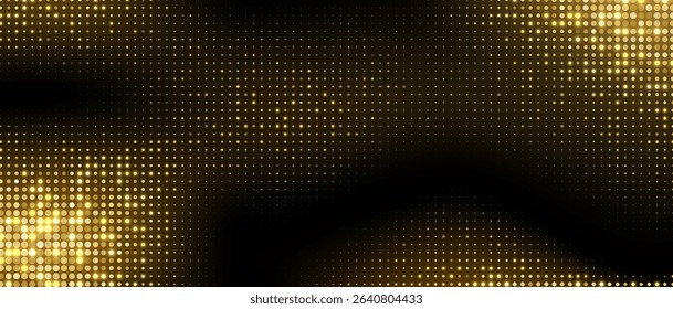 Golden halftone background, abstract glittering dots backdrop, disco texture design, shiny confetti banner.