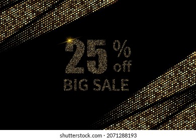 Golden halftone background design with circles, presentation poster, 25 percent sale