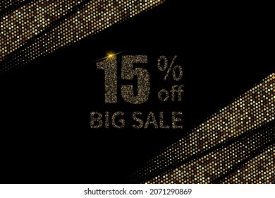 Golden halftone background design with circles, presentation poster, 15 percent sale