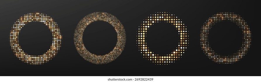 Golden halftone circle. Ring frames. Luxury glitter dots glowing round pattern isolated design